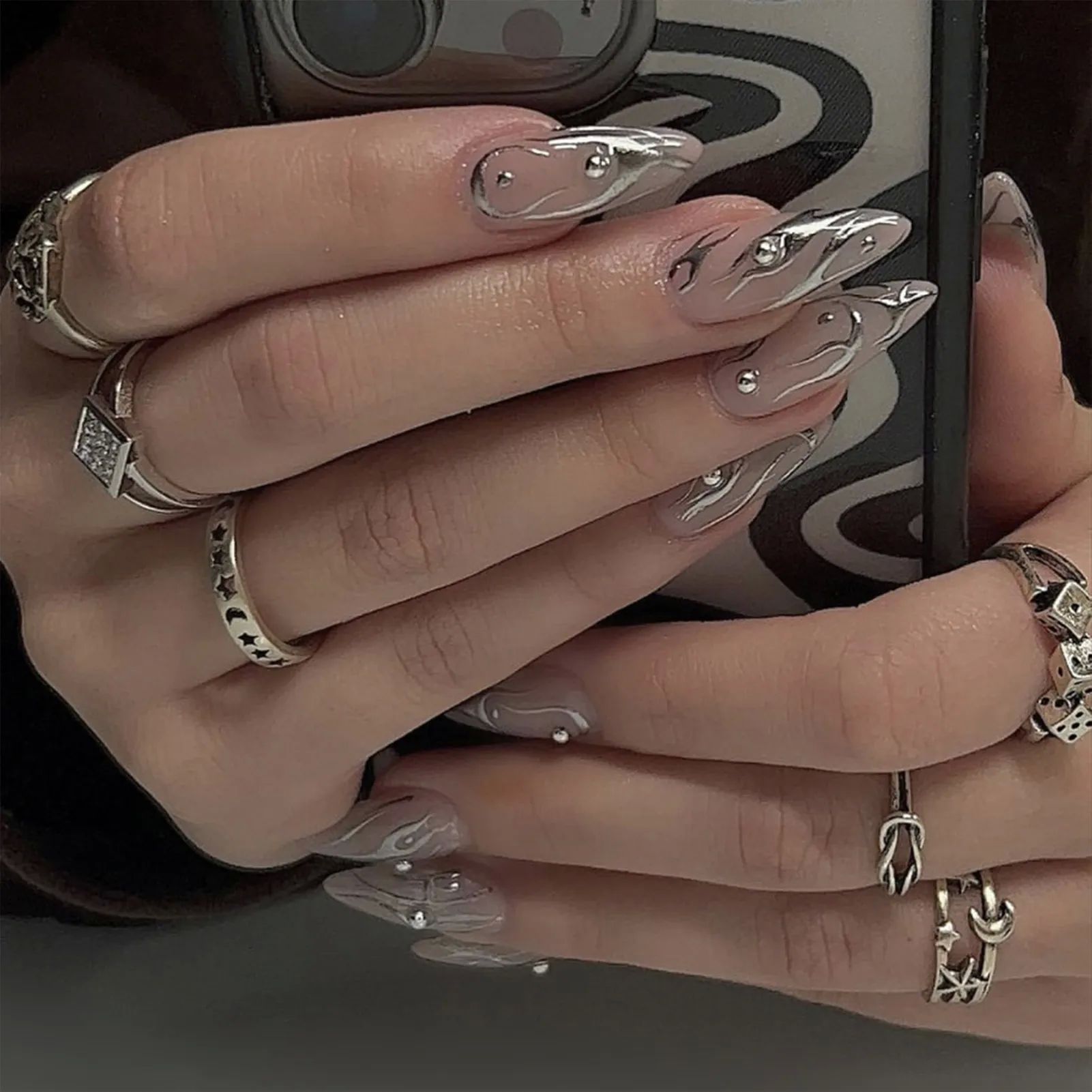 Wearable Silver Stripes Y2k False Nails Long Almond Round Fa