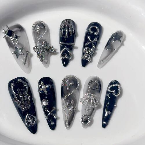 Menhera Spice Girls Handmade Press On NailsBlack White Rende