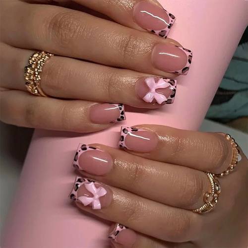 Pink French Style Fake Nails 3D Bowknot Designs Short Square