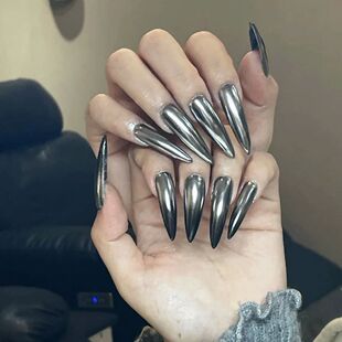 24pcs Punk Metal Fake Nails Press On Finished Long Pointed S