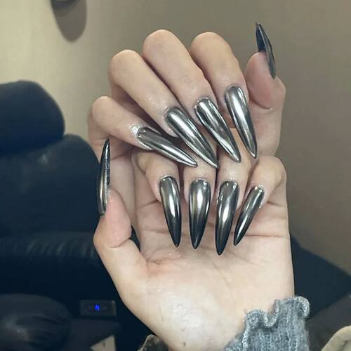 24pcs Punk Metal Fake Nails Press On Finished Long Pointed S