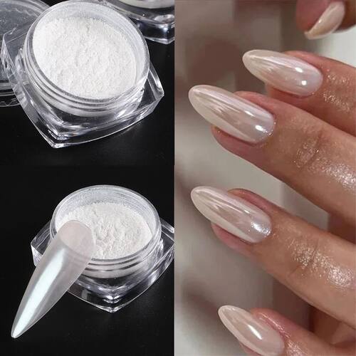 Moonlight Pearl White Nails Glitter Dust Chrome Aurora White