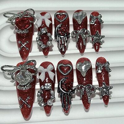 Halloween Dark Blood Red Handmade Press On Nails 3D Bow Star
