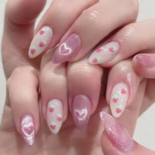 24Pcs Almond Press-On Nails in Pink Cat Eye with Heart & Str