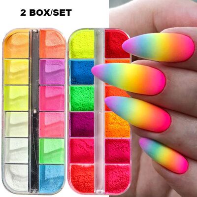 2 Box Neon Rainbow Nail Pigment Glowing In The Dark Powder C