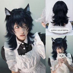 16Inch Blue Black Color Handsome Synthetic Wig With Bang Med