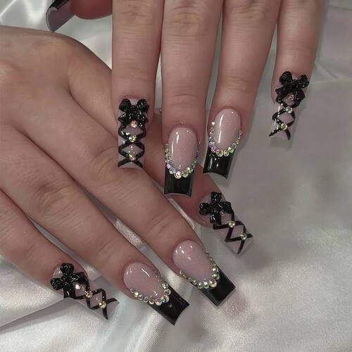 24pcs Long Ballet Press On Nails Black Cross Strap French St
