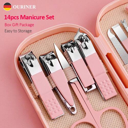 14 Piece Deluxe Manicure & Pedicure Set Pink And Blue Stainl