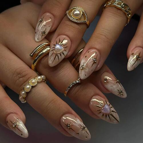 10PCS 3D Sun Star Gold Nail Almond Short Gold Charm Design R