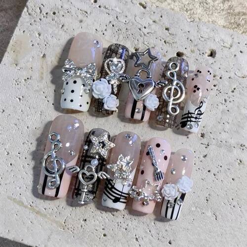 10PCS Musical Notes Retro Vintage Nail ArtGyaru French Handm