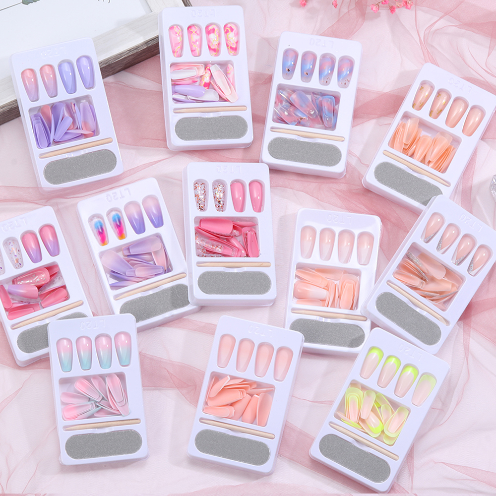 24pcs Long Coffin Fake Nails European Rainbow Ballerina Nail