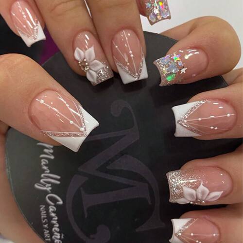 24PCS Square Press Nail White French Pointed Fake Nail with