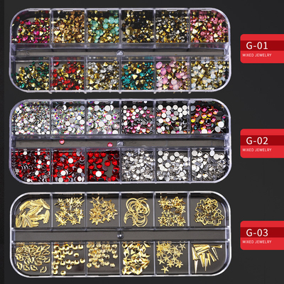 12 Grid Multi-size Nail Rhinestones 3D Crystal Clear Nail