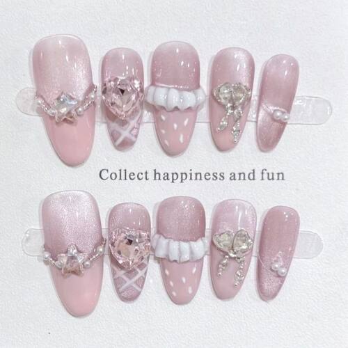 10Pcs Cute Handmade Press on Nails Full Cover Pink Sweet Nai