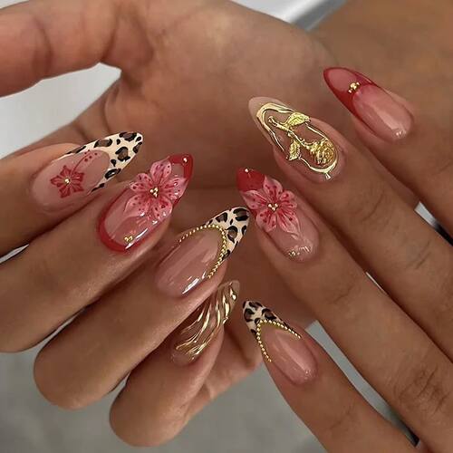 24Pcs French Leopard Print Press on Nails 3D Flower Golden R