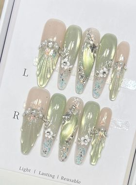 10pcs Long Almond Fake Nails Tips With Green Cat's Eye Handm