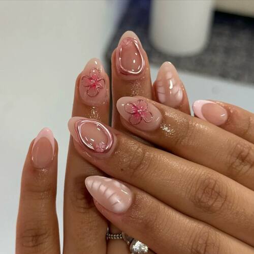 24pcs French Almond Press on Nails Flower False Nails Wearab
