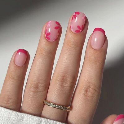 Rose Red Pink Flowers French Wearable Nail ArtShort Square F