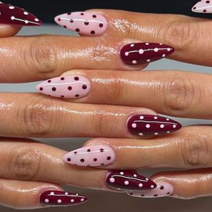 Red Pink French Polka Dot Round Dot Wearable Nail Art Short