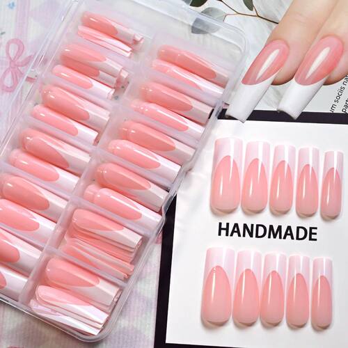 120Pcs Glossy Pink French Press On Nails 12-Sizes Long Squar