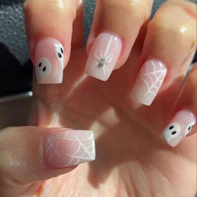 Pink Halloween Fake Nails 3D Bowknot Decor 24Pcs Medium-leng