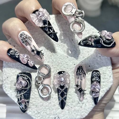 10Pcs Handmade Nails Black Pink Long Pointed False NailsSwee