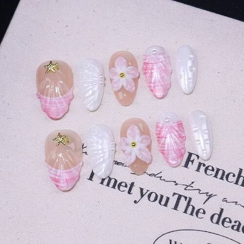 10Pcs 3D Flower Almond Handmade Press on Nails Fake Nails We
