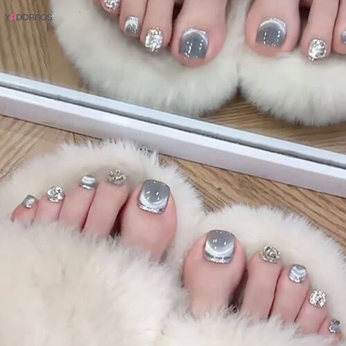 24pcs Glossy Blue Cat's Eye Fake Toe Nails Ins French Style