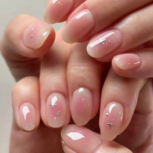 24Pcs Pink Smudge with Design Fake Nails Short Round Head Fa