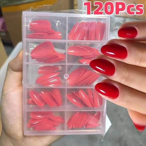 120Pcs Christmas Red Press On Nails Mid-length Almond Fake N