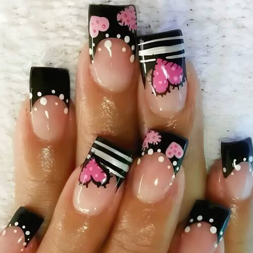 Y2K Girls Black French Fake Nails 24Pcs Short Square Press O