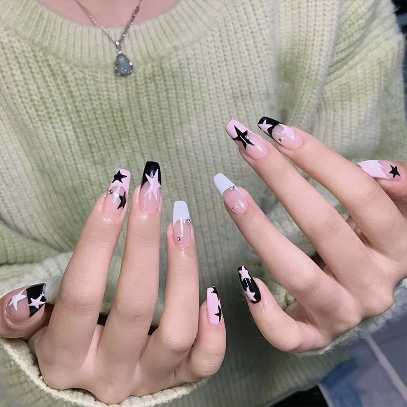 24pcs Y2k Star False Nails Black Pink Square Head Press On N