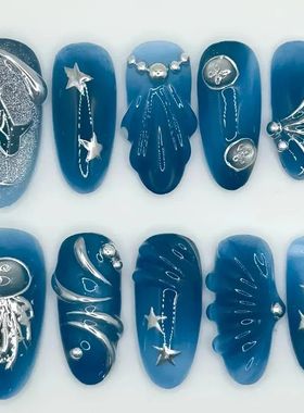 10pcs Handmade Fake Nail Art Ocean Seashell Design Blue Mid-
