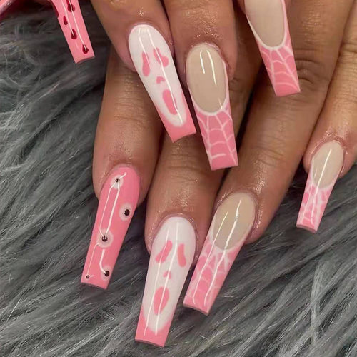 Long Coffin False Nails Grimace Pink French Ballerina Fake N