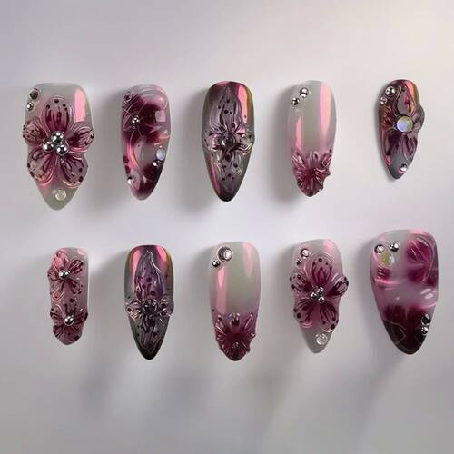 24pcs Pearls Flower Nail Tips Dark Color French Design Nail