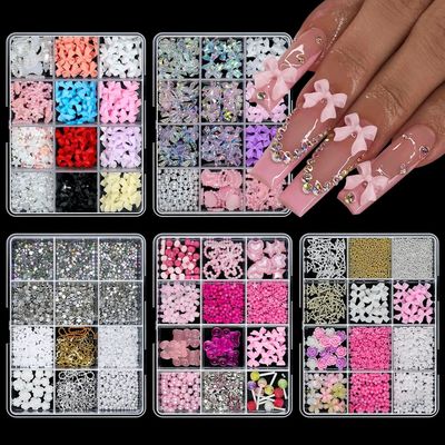 12Grids/Box 3D Mixed Bowknot Pearl Heart Nail Charms Flatbac