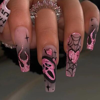 24pcs Glitter Pink Sequ Fake Nails Halloween Scary Skull Lov