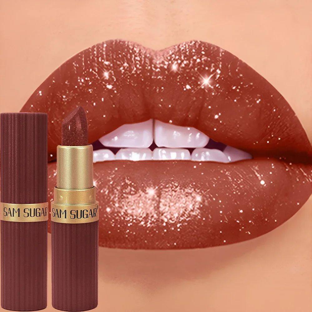 Chocolate Brown Luxurious Metallic Glitter Lipstick Long-Las