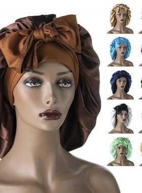 Women Satin Widened Sleep Hat Night Sleep Cap with Long Stre