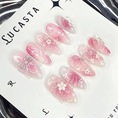 24pcs Gradient Pink Almond False Nail Tips Wearable Cat's Ey