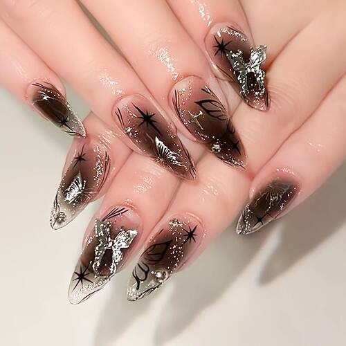24PCS Long Press On NailsStiletto Black Silver Bowknot Dissy