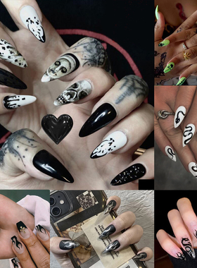 24PCS Dark Punk False Nails with Glue Gradient Long Detachab