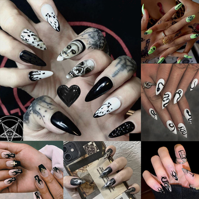 24PCS Dark Punk False Nails with Glue Gradient Long Detachab