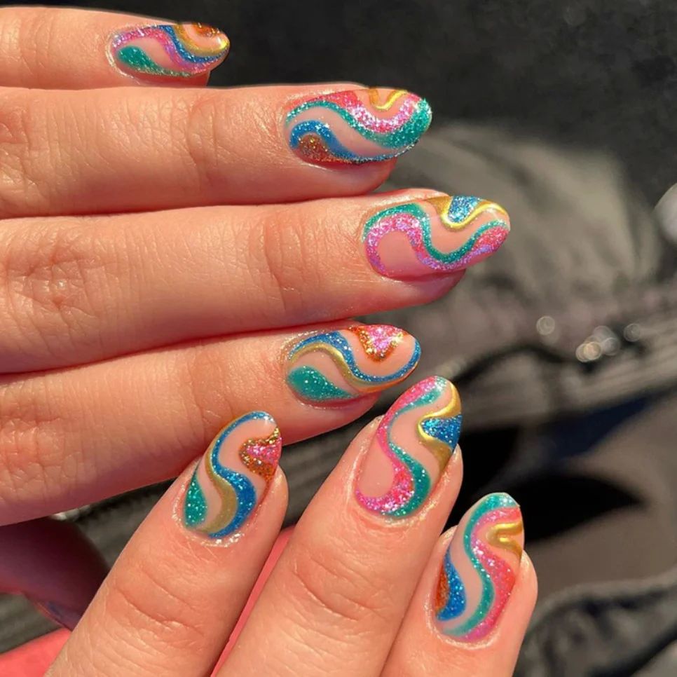 24Pcs/Lot Almond False Nails with Snake Glitter Design Frenc