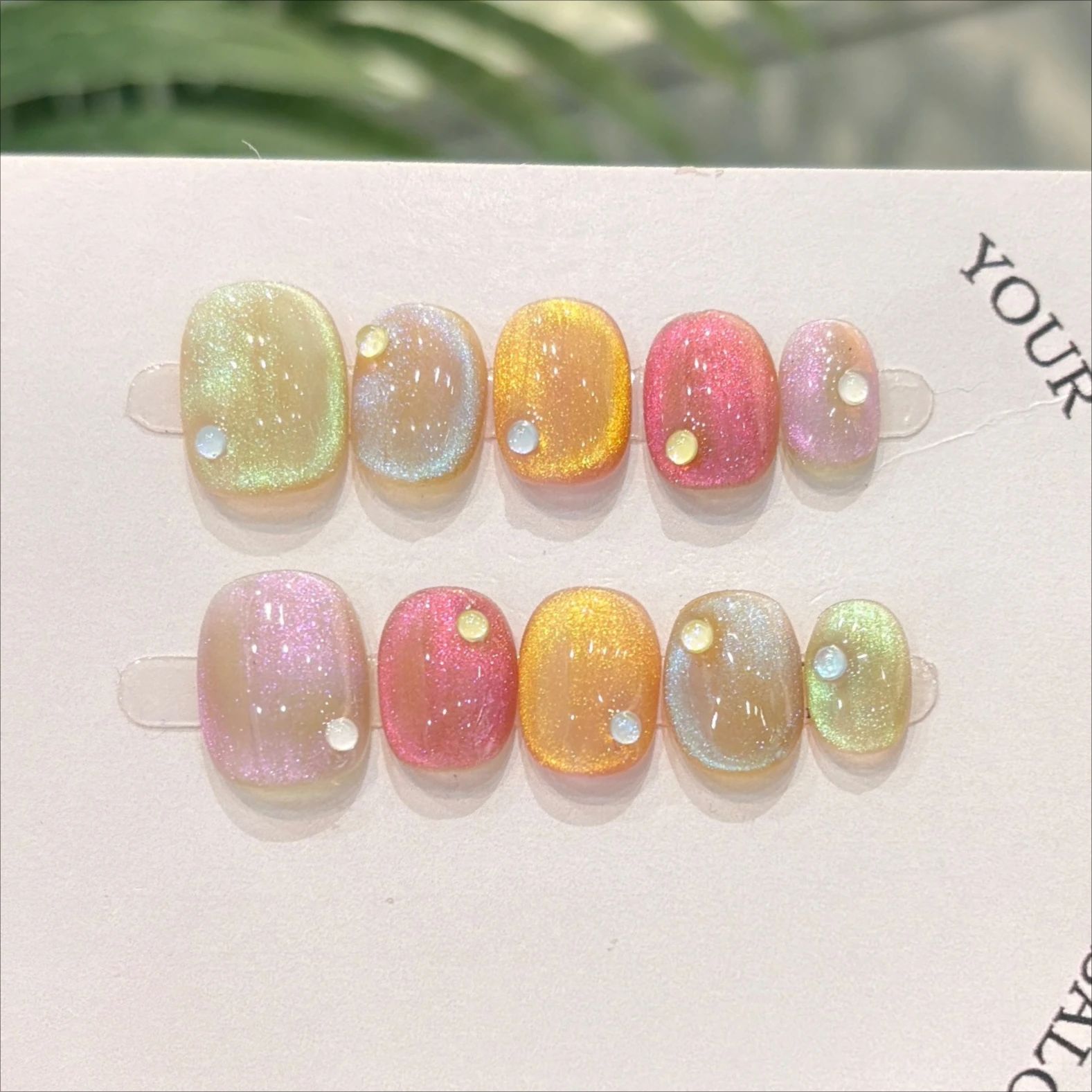 10Pcs Cat Eye Handmade Press on Nails Candy Color Fake Nails
