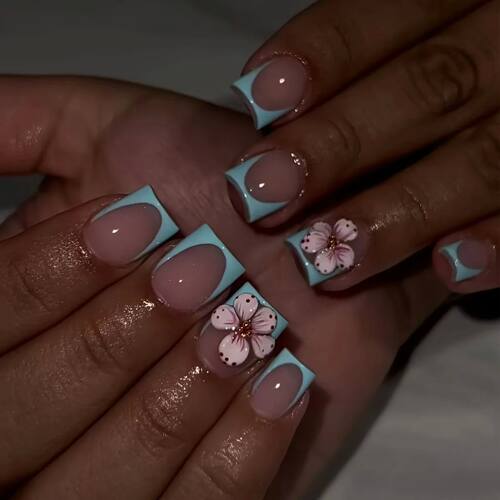 24pcs French Blue Fake Nails Art withFlower Design Short Squ