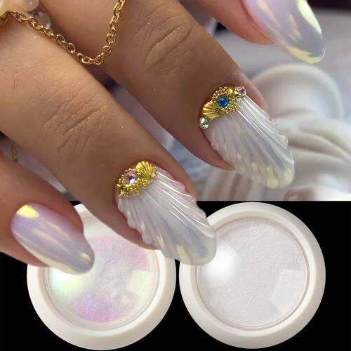 2 Boxes Mermaid Chrome White Nail Powder Aurora Mirror Nail
