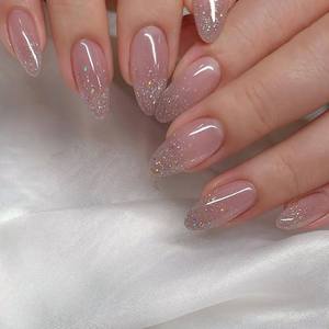 24Pcs Simple Pink Press on Nails Shiny Glitter False Nail Lo