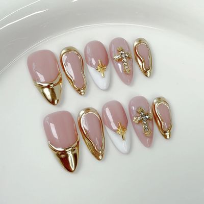 10pcs Handmade White French Press on Nails Gold Diamond Desi