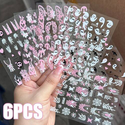 6pcs Pink White Glitter Halloween Nail Stickers 3D Ghost/Sku